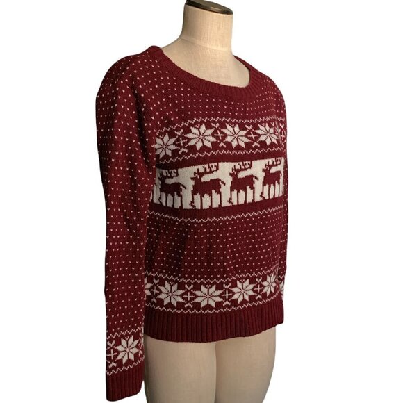 POL Sweater Burgundy & White Sz L Snowflake Reindeer Fair Isle Nordic #216H - Picture 3 of 8
